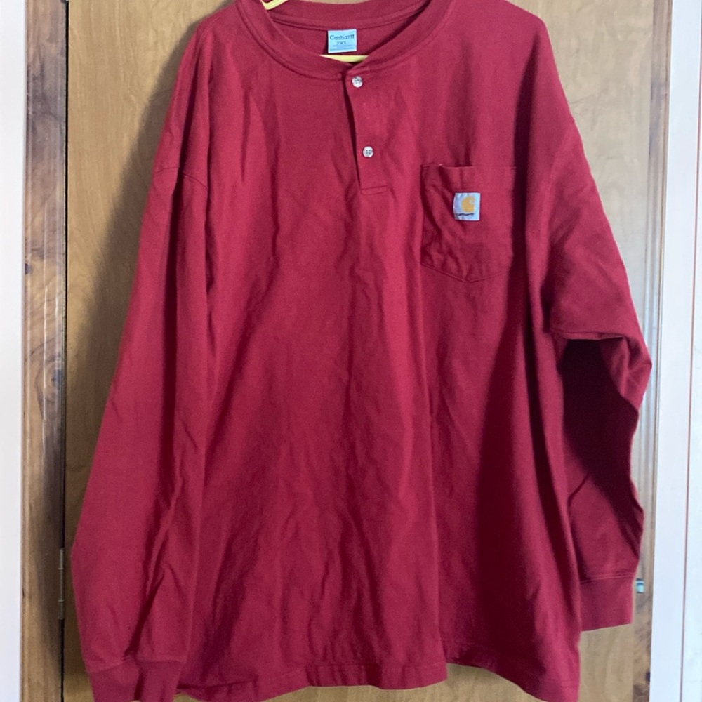 Carhartt Mens Long Sleeve 3 Button Pullover Shirt With Front Pocket Red Size 2XL